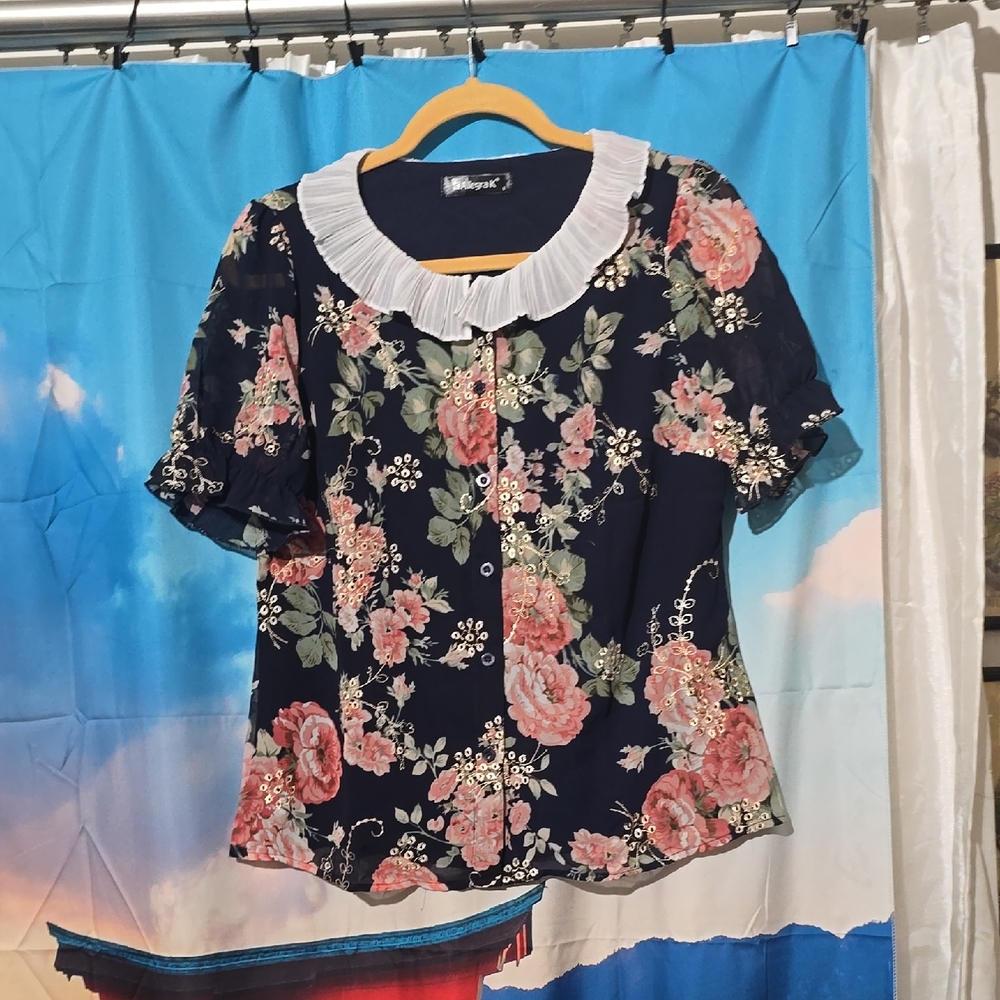 Allegra K Black and Orange Ruffled Blouse with Peter Pan Collar